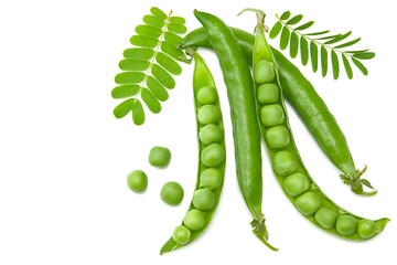 Fresh green pea pods with green peas isolated on white background. clipping path