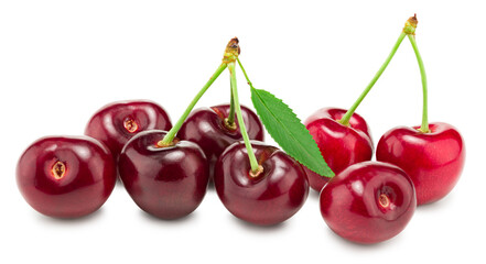 red cherry fruits with green leaf isolated on white background. clipping path