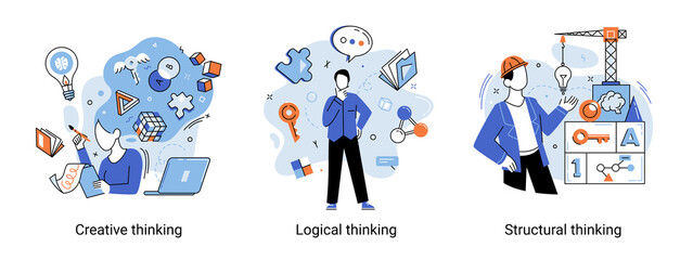 Creative thinking. People with different mental mindset types or model creative. Imaginative logical and structural thinking. MBTI person metaphor. Mind behavior concept. Brain think people solve idea - obrazy, fototapety, plakaty