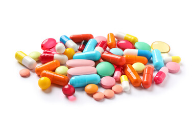 Pile of different colorful pills on white background