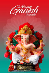 Naklejka na ściany i meble Happy Ganesh Chaturthi Greeting Card design with lord ganesha sclupture