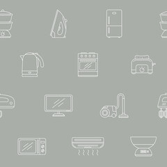 Home machines - Vector background (seamless pattern) of refrigerator, vacuum, microwave, blender, oven, kettle and other appliances for graphic design