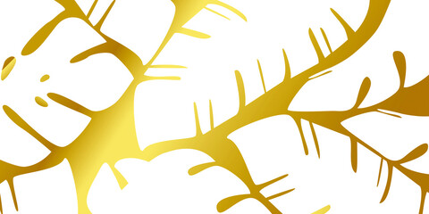 Abstract tropical gold cover design. Floral background with golden illustration of exotic leaves, palm, banana tree. Elegant vector brochure template. EPS10