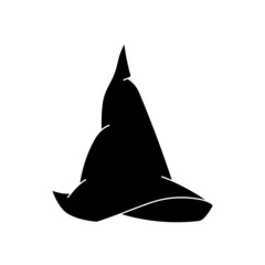 Fototapeta premium Witch hat vector illustration in simple style. Hand drawn wizard cap for holiday Halloween. Black icon isolated on white background. Scary silhouette magician hat. Accessory for party on Halloween