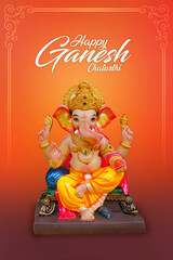 Naklejka na ściany i meble Happy Ganesh Chaturthi Greeting Card design with lord ganesha sclupture