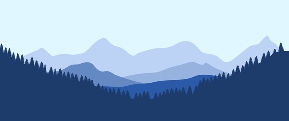 Blue mountain landscape behind pine forest and hills landscape vector illustration. Perfect for background, backdrop, desktop background, ads banner, environmental or ads banner.