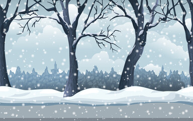 seamless winter forest landscape. Trees in snow. snowy nature illustration. endless parallax game background with snowfall, woods, snowdrifts, road and sky. horizontal scenic panorama for design.