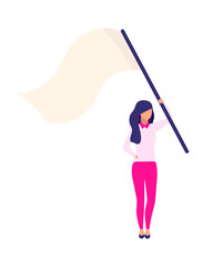 Young woman with flag semi flat color vector character. Full body person on white. Social movement activist isolated modern cartoon style illustration for graphic design and animation