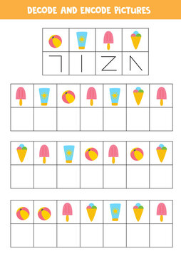 Decode and encode pictures. Write the symbols under cute summer objects.