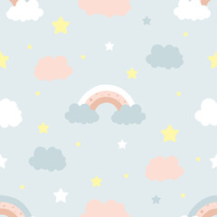 Seamless children pattern with clouds, moon and stars.