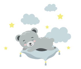 Cute Bear sleeping on the pillow. Baby animal concept illustration for nursery, character for children.