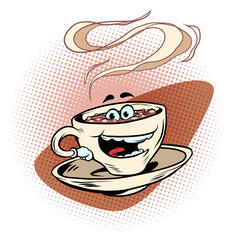joyful positive cup of coffee funny character. Hot morning drink