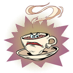angry negative tired cup of coffee funny character. Hot morning drink
