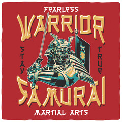 T-shirt or poster design with illustration of Japanese samurai