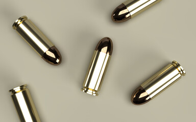 9mm gold bullets on beigebackground. 3D ilustration