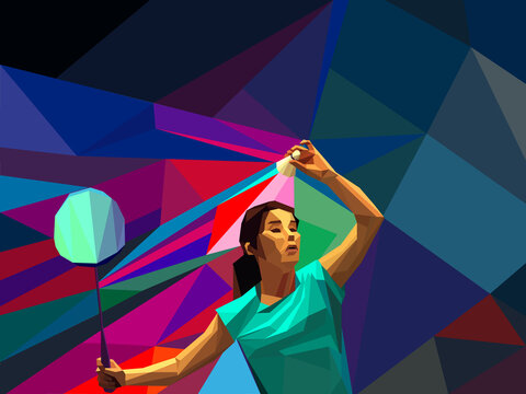 Badminton sports unusual colorful triangle background. Geometric polygonal professional female badminton player