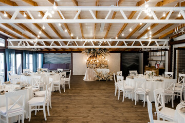 Wedding hall Rustic banquet. Decoratiom of restaurant for wedding