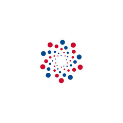Round vector logo, dots bubbles funnel, hurricane vortex. Abstract logotype of Innovate science research, space technology, medical pharmacy product, mri scan, lab equipment, mining machine icon