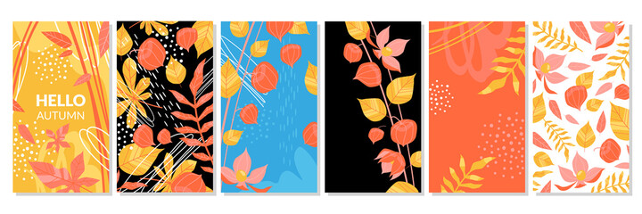 Hello autumn set of vector social media banners or covers with floral elements. Branches, leaves, physalis fruits and hand drawn elements