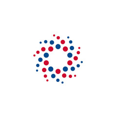 Round vector logo, dots bubbles funnel, hurricane vortex. Abstract logotype of Innovate science research, space technology, medical pharmacy product, mri scan, lab equipment, mining machine icon