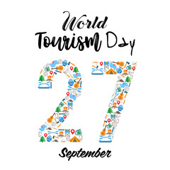 Vector illustration of the World Tourism Day. Domestic tourism,internal tourism, ​hiking, camping, glamping, mountain holidays