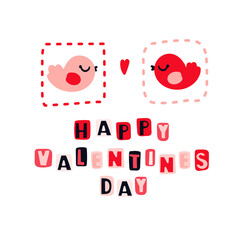 Two birds with a heart in a frame. Cute Valentine's Day card