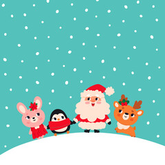 New Year's card with Santa Claus and animals holding hands