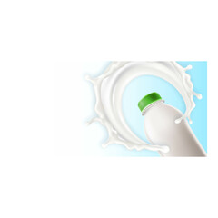 Milk Yogurt Creative Promotional Banner Vector. Milk Yogurt Blank Bottle And Splash On Advertising Poster. Healthcare Natural Bio Diet Dairy Product Style Concept Template Illustration