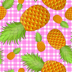 Pineapple seamless pattern on gingham background. Tropical fruit repeating endless texture. Yummy boundless background. Food surface pattern design. Editable tile for textile or stationery