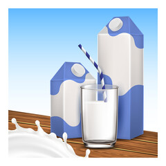 Milk Dairy Product Creative Promo Poster Vector. Natural Milk Blank Package And Drink In Glass With Straw Standing On Wooden Table, Beverage Splash Advertising Banner. Style Template Illustration