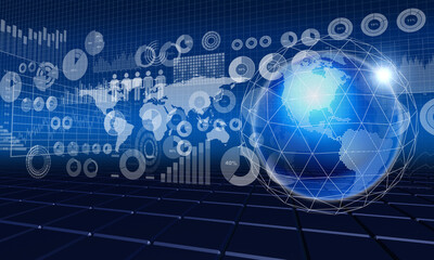 円グラフや棒グラフの様々なビジネス資料とデジタルで表現した地球、未来的イメージ