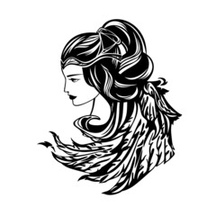 beautiful winged woman with long hair representing angel or goddess - spiritual symbol black and white vector outline portrait
