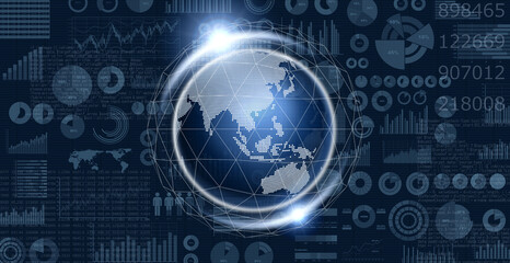 円グラフや棒グラフの様々なビジネス資料とデジタルで表現した地球