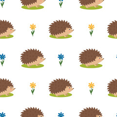 Seamless pattern with cute hedgehogs and flowers, vector illustration