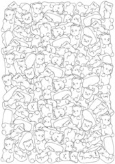 Fototapeta na wymiar Pattern with gummy bears. Adult coloring book page with shiny jelly bears. Black and white vector illustration.