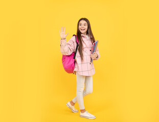 back to school. hello or goodbuy. teen girl in checkered shirt. happy kid waving hand