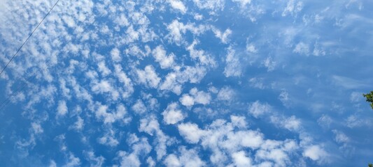 White high clouds in the blue sky. A summer sunny day against the background of a blue sky, white cumulus and cirrus clouds are falling. Clouds stretched across the sky.