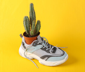 Sports sneaker with cactus on yellow background. Minimalism, concept art, creative layout