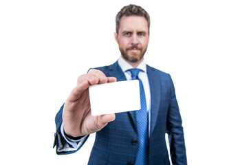 empty credit or business card for copy space in hand of man , selective focus, business information.