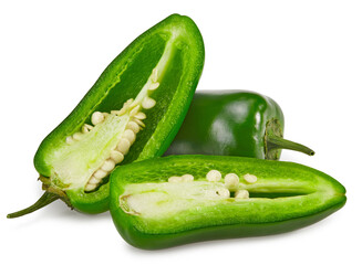 sliced jalapeno peppers isolated on white background. Green chili pepper. Capsicum annuum. clipping path
