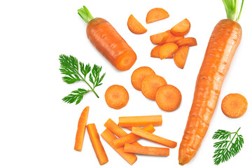 sliced carrot with green leaves isolated on white background. clipping path. top view