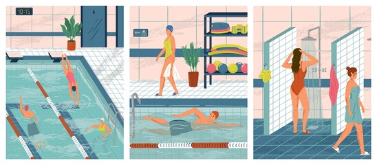 People swim in public swimming pool concept vector illustration set. Sport swimming pool interior. Man and woman training in water. Girl taking shower after swi