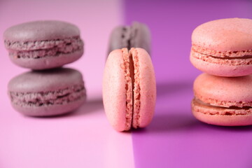 Colorful macarons cakes. Small French cakes. Sweet and colorful french macaroons, colorful almond cookies, pastel colors