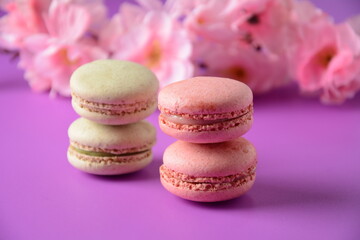 Colorful macarons cakes. Small French cakes. Sweet and colorful french macaroons, colorful almond cookies, pastel colors