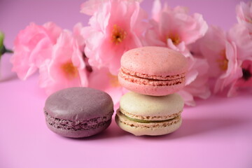 Colorful macarons cakes. Small French cakes. Sweet and colorful french macaroons, colorful almond cookies, pastel colors