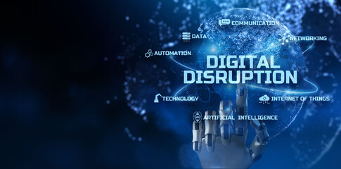 Digital disruption digitalization innovation internet technology concept. Robotic arm 3d rendering.