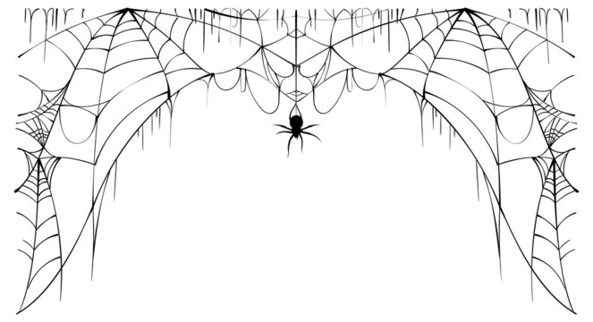Scary spider web and poisonous spider top frame on white background symbol of halloween