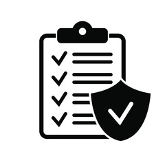 Insurance policy icon, Checklist and shield with checkmark icon. Vector icon isolated on white background