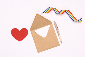 Love letter with lgbt rainbow symbol ribbon on white background with red heart