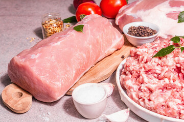 Raw pork assorted, different part cut